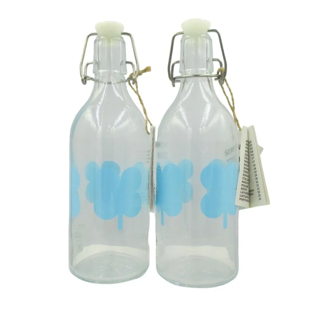 IKEA SOMMAR Glass Bottle with Clamp Lid Vintage Blue Clover Design Water 2 Set